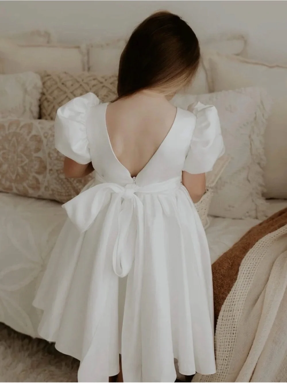 Rylee + Cru White Satin Puff-Sleeve Formal Dress
